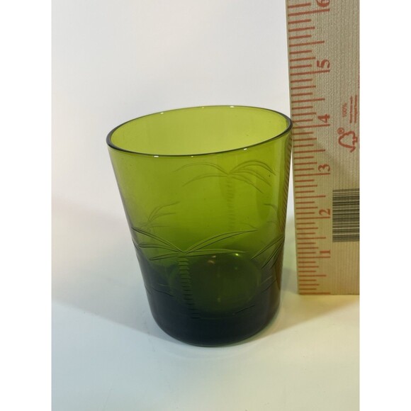 Palm Tree Etched Green Rocks Glasses MCM Vintage Weighed Bottoms Set Of 4 - Picture 8 of 9